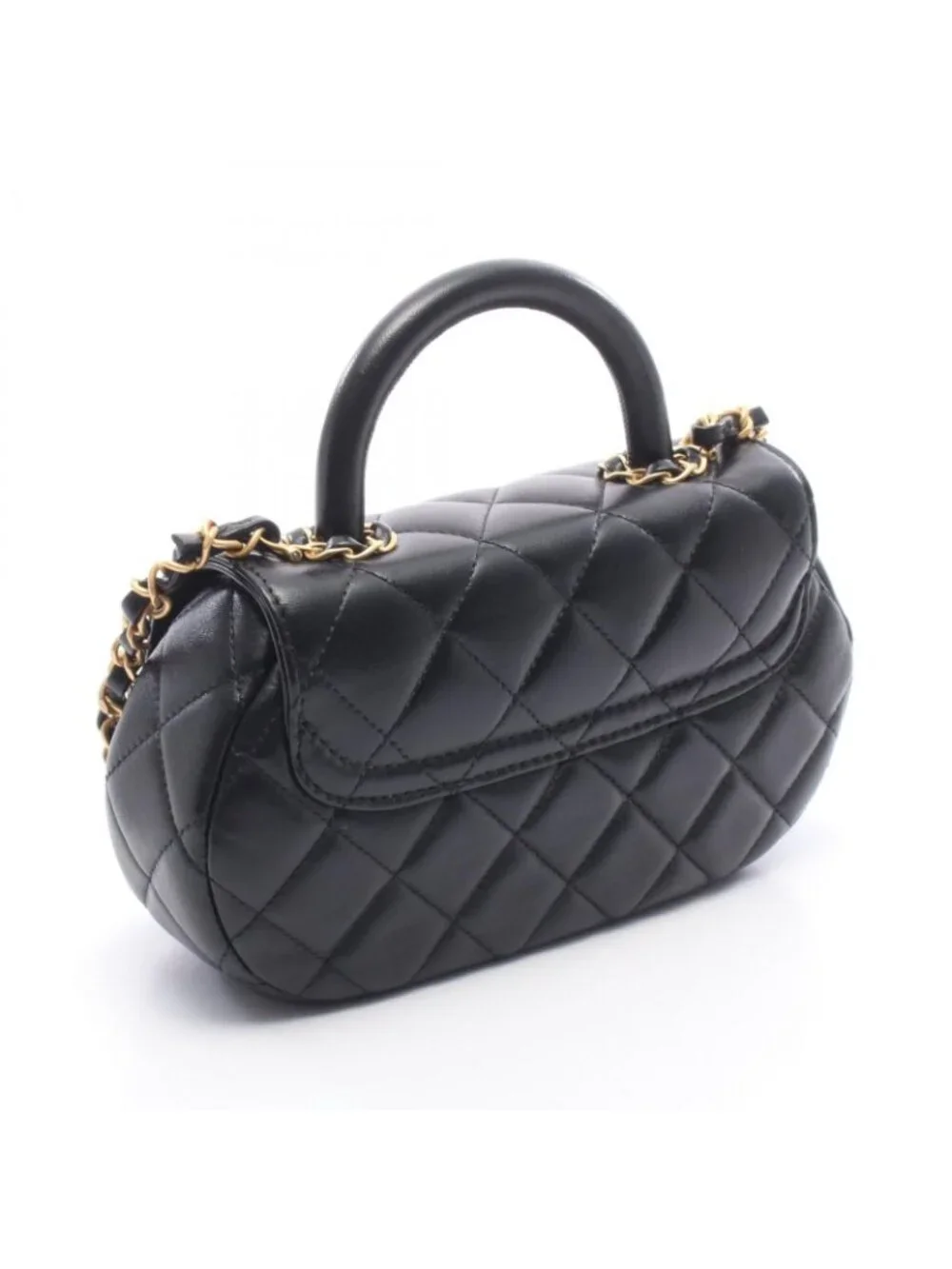 Chanel Shoulder Bag Quilted Top Handle 2-Way Black Lambskin Chain